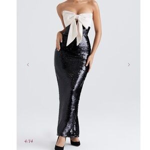 House of CB Holly Black Sequin Strapless Bow Dress Size Small Maxi Length Gown